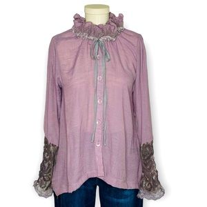 Noelle Retro Victorian Style Lace & Ruffle Mauve Blouse Size S/M